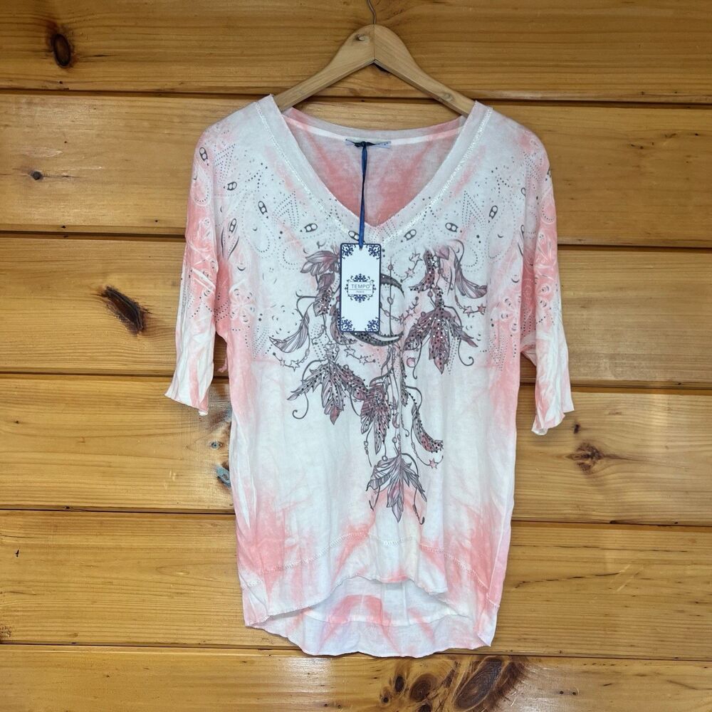 Tempo Paris Silver Metallic Studded Tie Dye Pink & Moon Stars Cream Top Blouse
